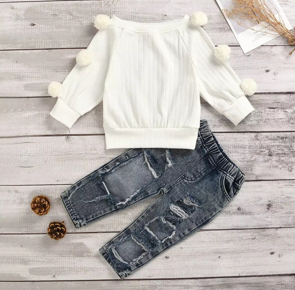 Toddler Pom Pom Top And Denim Trouser Outfit