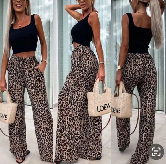 Womans Leopard Print High Waist Palazzo Trousers