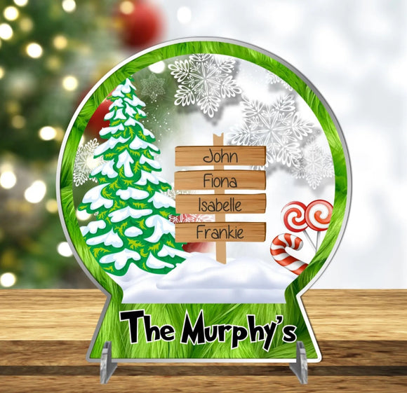 Acrylic Personalised The Grinch Family Gift Christmas Snow Globe Sign on Stands