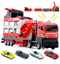 Load image into Gallery viewer, Transport Truck Portable Ejection Race Track 4 Car Toy Set