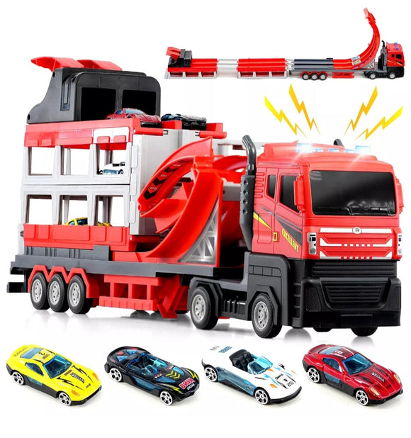 Transport Truck Portable Ejection Race Track 4 Car Toy Set