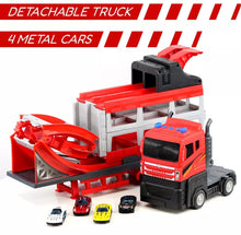 Load image into Gallery viewer, Transport Truck Portable Ejection Race Track 4 Car Toy Set