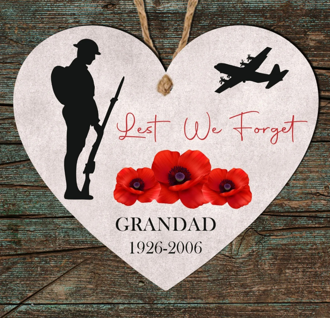 Personalised Remembrance Heart Plaque - 'Lest We Forget' Veteran Memorial