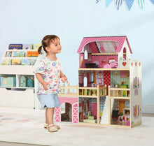 Load image into Gallery viewer, 3 Storey Dolls House with 13 Pieces Wooden Furniture Accessories