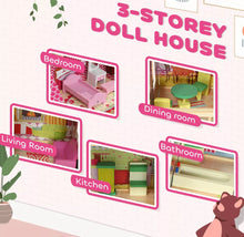 Load image into Gallery viewer, 3 Storey Dolls House with 13 Pieces Wooden Furniture Accessories