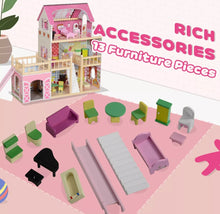 Load image into Gallery viewer, 3 Storey Dolls House with 13 Pieces Wooden Furniture Accessories