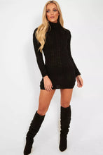 Load image into Gallery viewer, LADIES CHUNKY CABLE KNITTED HIGH POLO ROLL NECK STRETCH JUMPER MINI DRESS