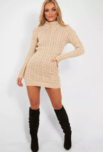 Load image into Gallery viewer, LADIES CHUNKY CABLE KNITTED HIGH POLO ROLL NECK STRETCH JUMPER MINI DRESS