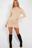 LADIES CHUNKY CABLE KNITTED HIGH POLO ROLL NECK STRETCH JUMPER MINI DRESS