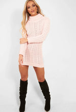 Load image into Gallery viewer, LADIES CHUNKY CABLE KNITTED HIGH POLO ROLL NECK STRETCH JUMPER MINI DRESS