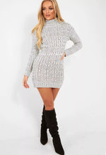 Load image into Gallery viewer, LADIES CHUNKY CABLE KNITTED HIGH POLO ROLL NECK STRETCH JUMPER MINI DRESS