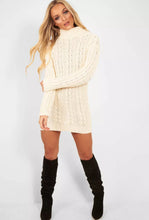 Load image into Gallery viewer, LADIES CHUNKY CABLE KNITTED HIGH POLO ROLL NECK STRETCH JUMPER MINI DRESS