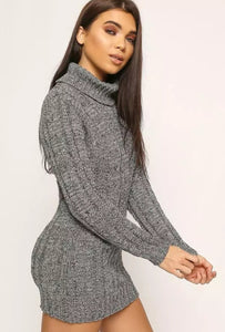 LADIES CHUNKY CABLE KNITTED HIGH POLO ROLL NECK STRETCH JUMPER MINI DRESS