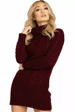 Load image into Gallery viewer, LADIES CHUNKY CABLE KNITTED HIGH POLO ROLL NECK STRETCH JUMPER MINI DRESS