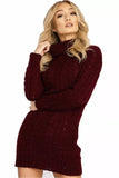 LADIES CHUNKY CABLE KNITTED HIGH POLO ROLL NECK STRETCH JUMPER MINI DRESS