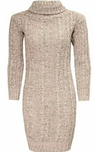 Load image into Gallery viewer, LADIES CHUNKY CABLE KNITTED HIGH POLO ROLL NECK STRETCH JUMPER MINI DRESS