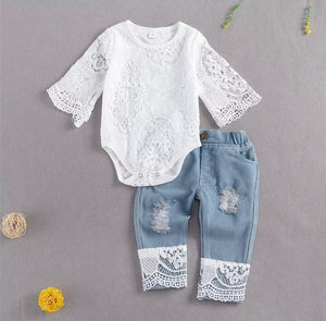 Baby Girls Lace Hollow Out Long Sleeve Romper+Ripped Patchwork Jeans