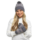 Ladies Fairisle Knit Beanie Pom Pom Cozy Gloves Set