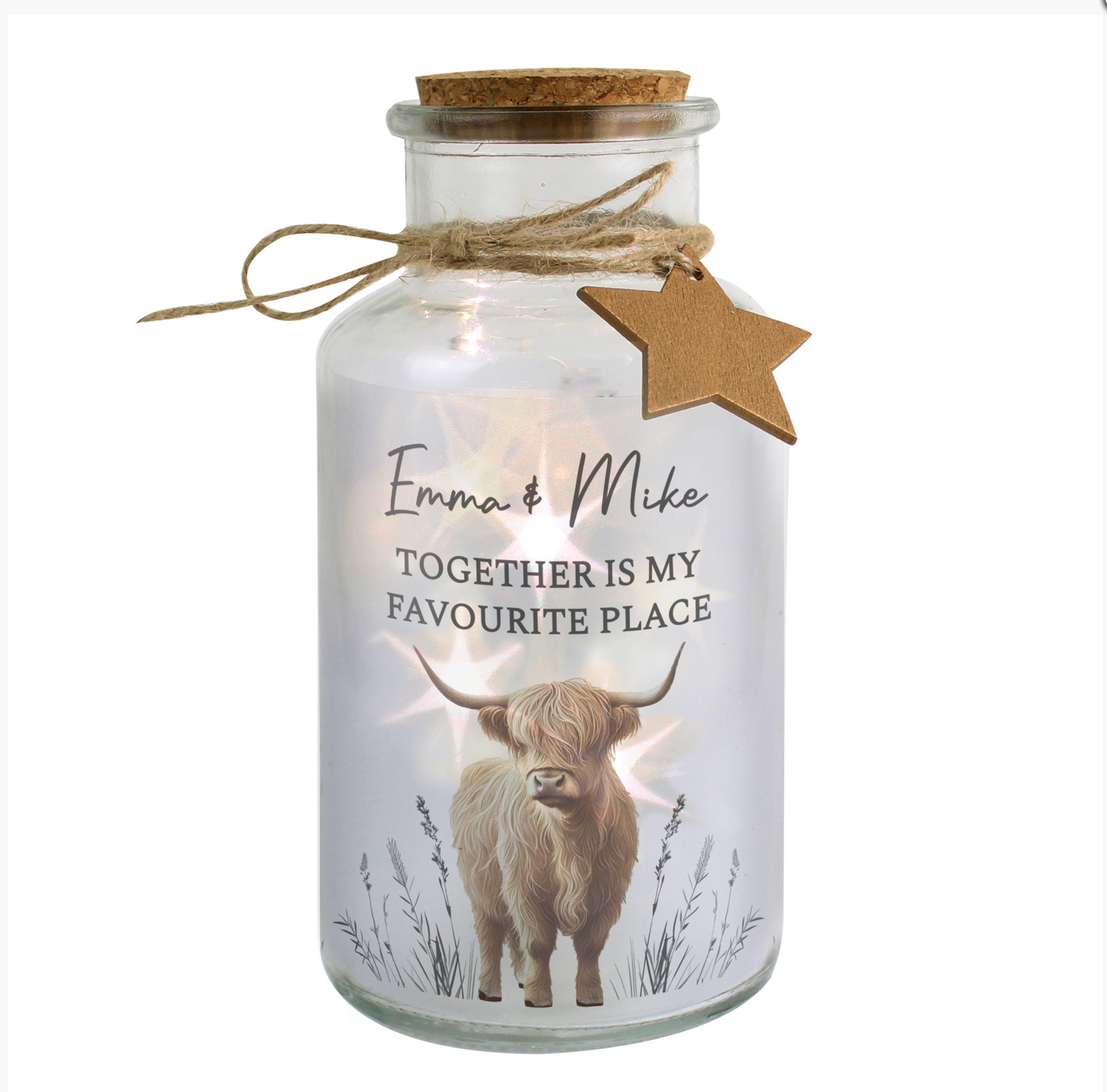 Personalised Highland Cow LED Light Up Jar