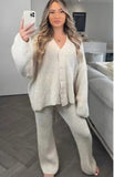 Ladies Rib Knitted Button Cardigan Palazzo Lounge Wear Set