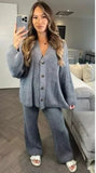 Ladies Rib Knitted Button Cardigan Palazzo Lounge Wear Set