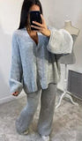 Ladies Rib Knitted Button Cardigan Palazzo Lounge Wear Set