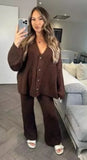 Ladies Rib Knitted Button Cardigan Palazzo Lounge Wear Set