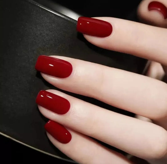 Medium Square Red Wine Glossy Full Cover Press On Fake Nails