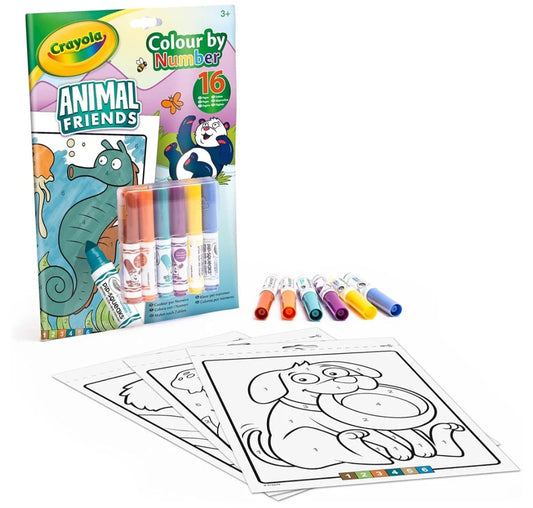 Crayola Colour By Number 16 Animal Themed Pictures with 6 Mini Markers