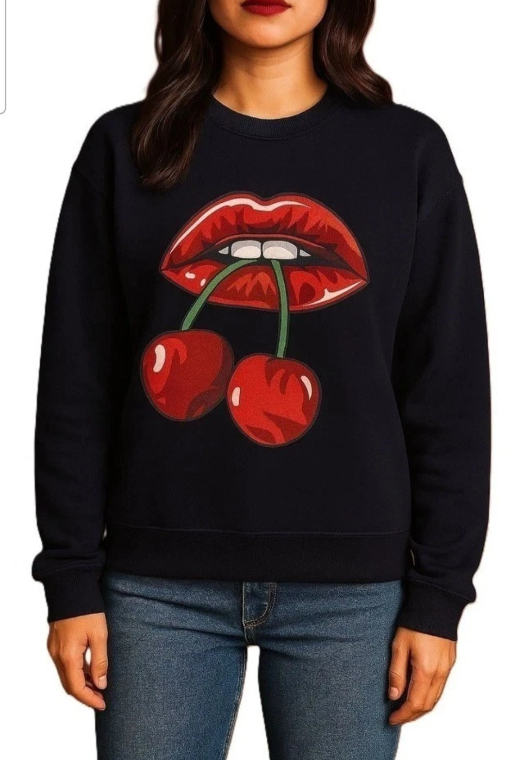 Womens Cherry Lips Print Sweatshirt