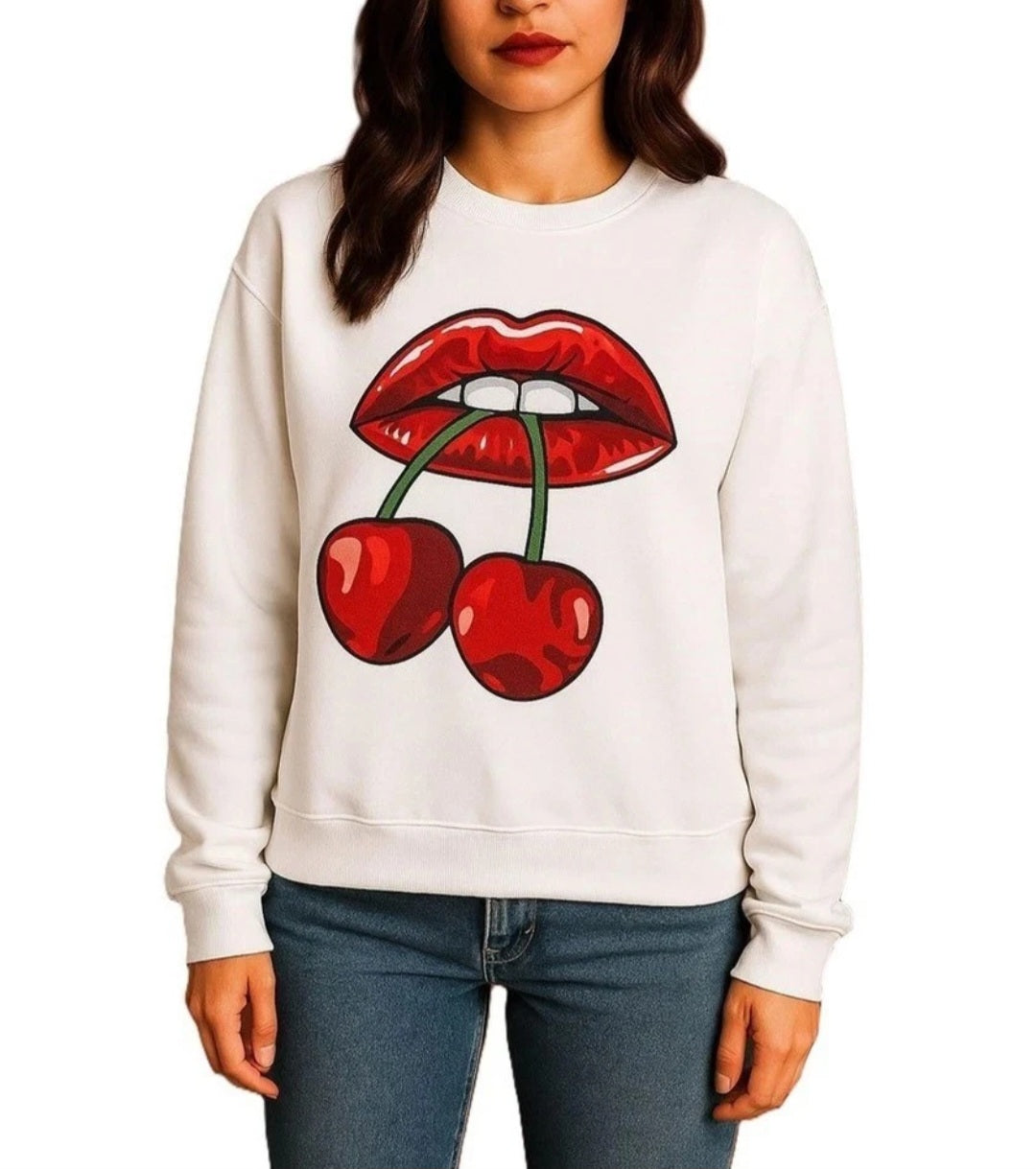 Womens Cherry Lips Print Sweatshirt