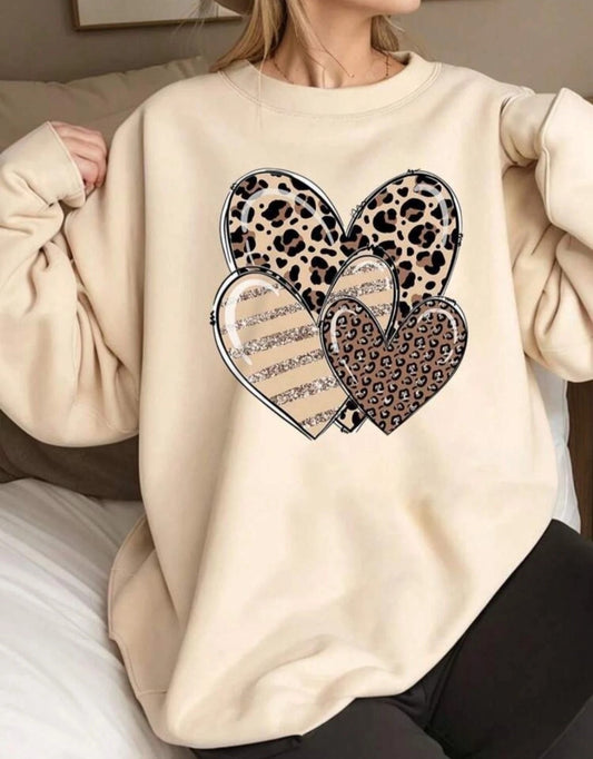 Women's Triple & Heart Print Long Sleeve Round Sweatshirt