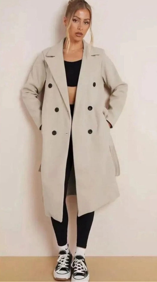 Ladies Double Breasted Tie Waist Long Trench Coat