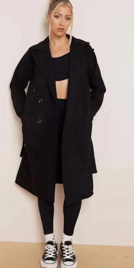 Ladies Double Breasted Tie Waist Long Trench Coat