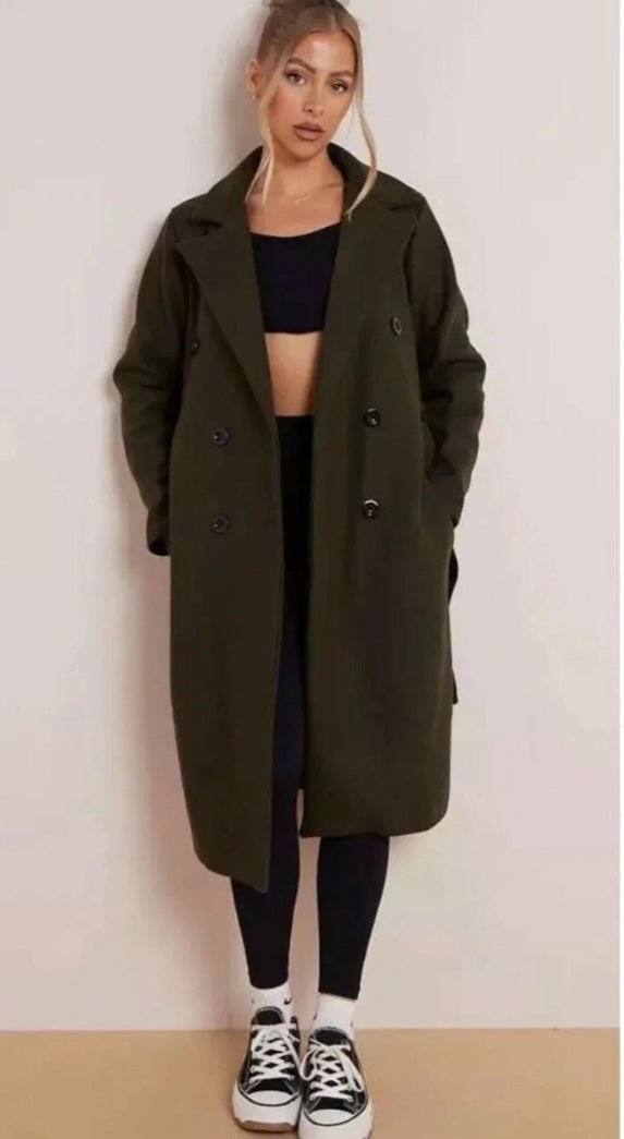 Ladies Double Breasted Tie Waist Long Trench Coat