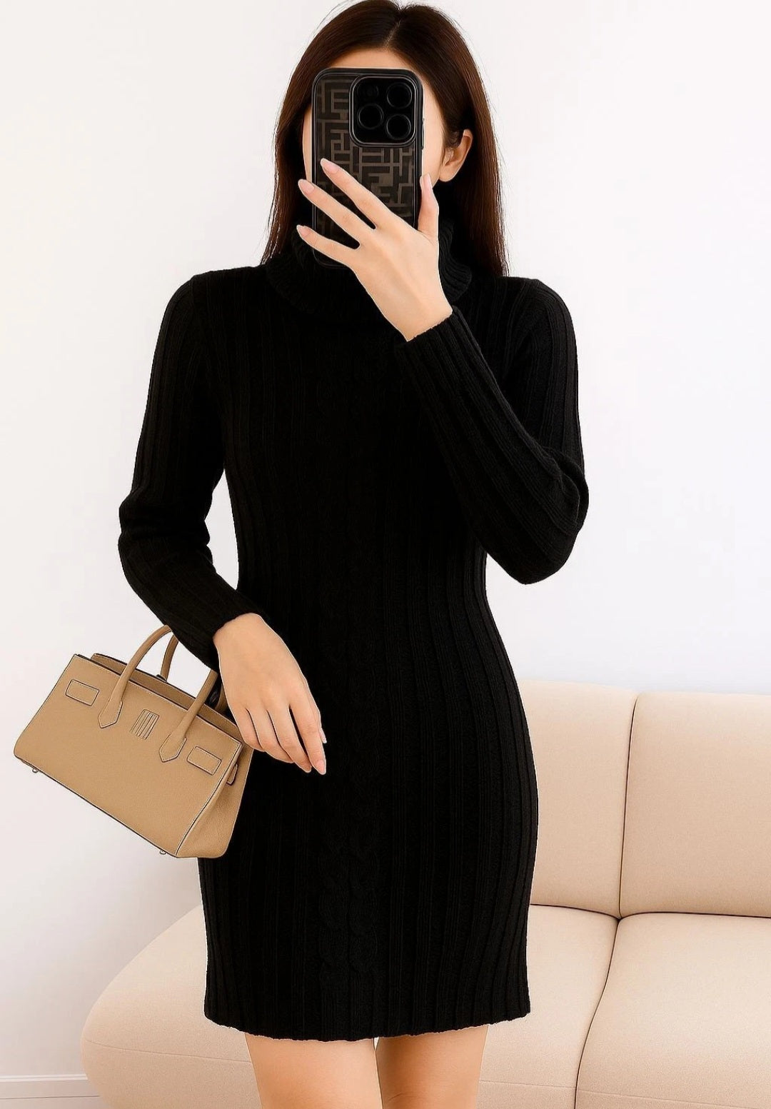 Women Polo Neck Long Slim Fitted Cable Knit Jumper Dress