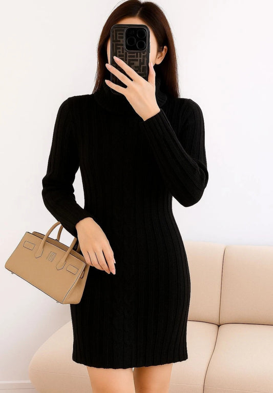 Women Polo Neck Long Slim Fitted Cable Knit Jumper Dress