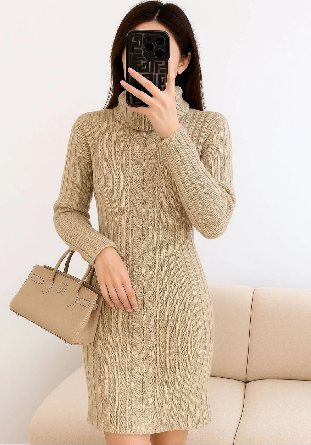 Women Polo Neck Long Slim Fitted Cable Knit Jumper Dress