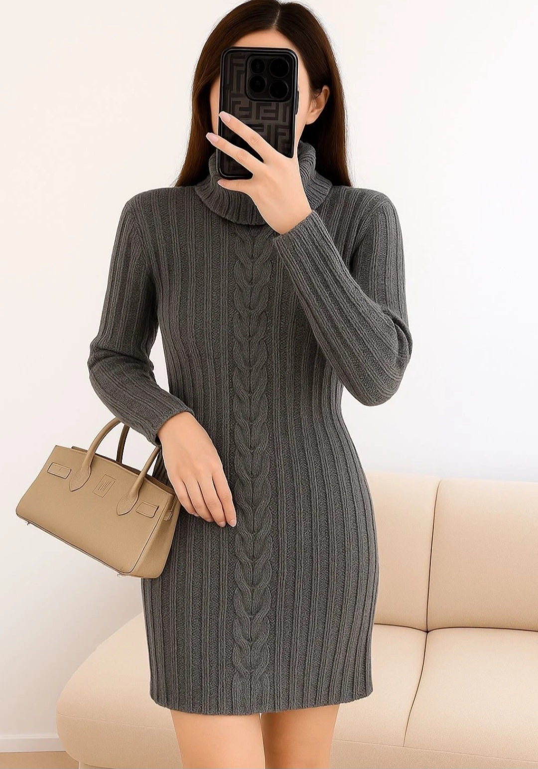 Women Polo Neck Long Slim Fitted Cable Knit Jumper Dress