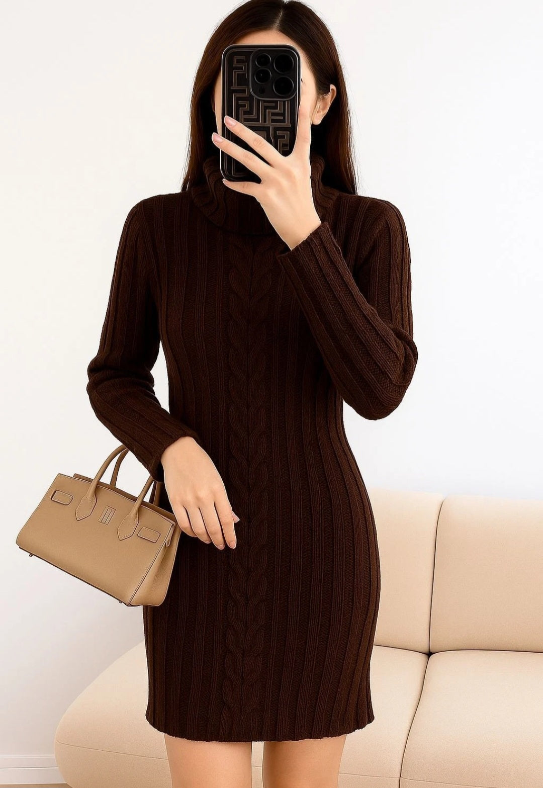 Women Polo Neck Long Slim Fitted Cable Knit Jumper Dress