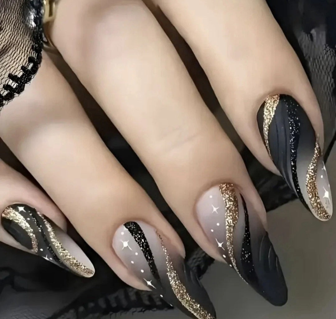 24pcs Almond Nail Tips Simple Curve Golden Foil Thin Glitter False Nails