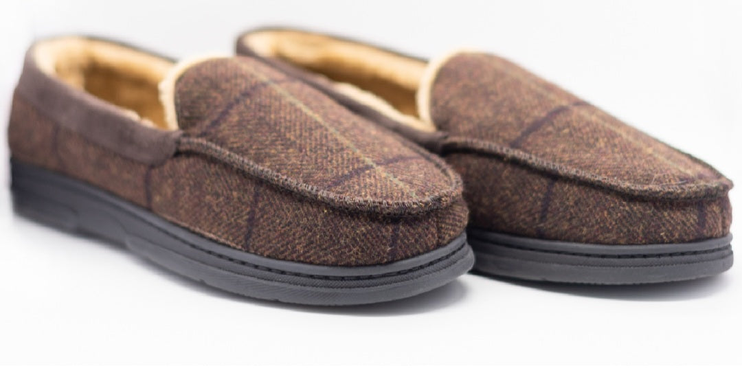 MENS MOCCASIN CHECK WARM FAUX SUEDE SHEEPSKIN FUR LINED WINTER SLIPPERS