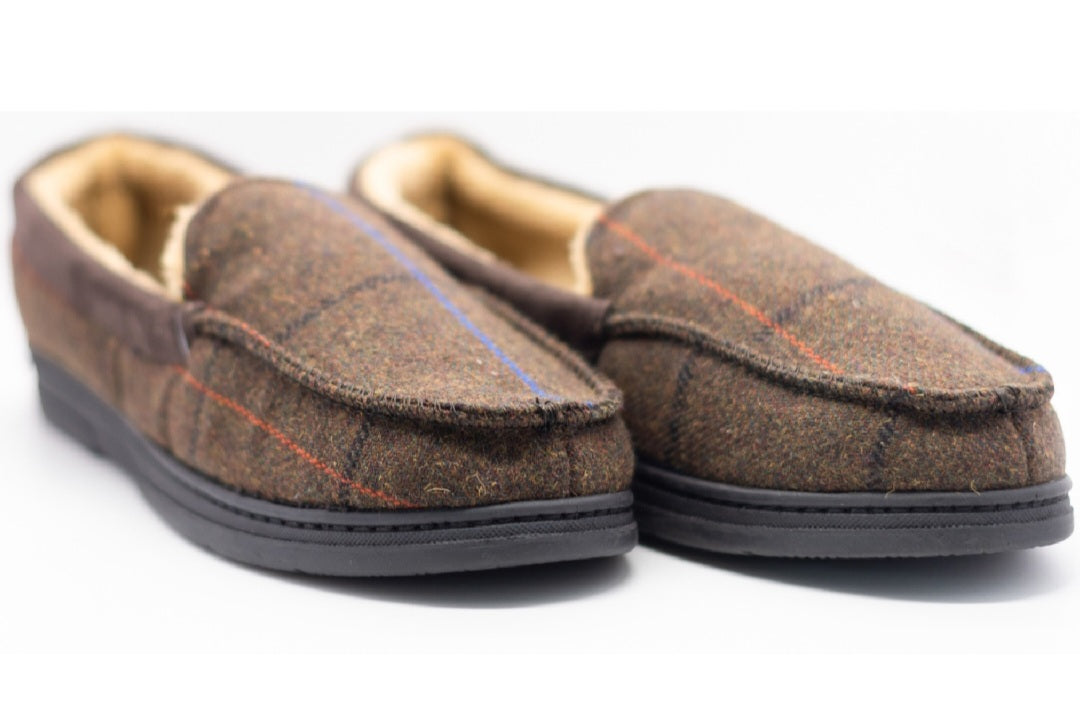 MENS MOCCASIN CHECK WARM FAUX SUEDE SHEEPSKIN FUR LINED WINTER SLIPPERS