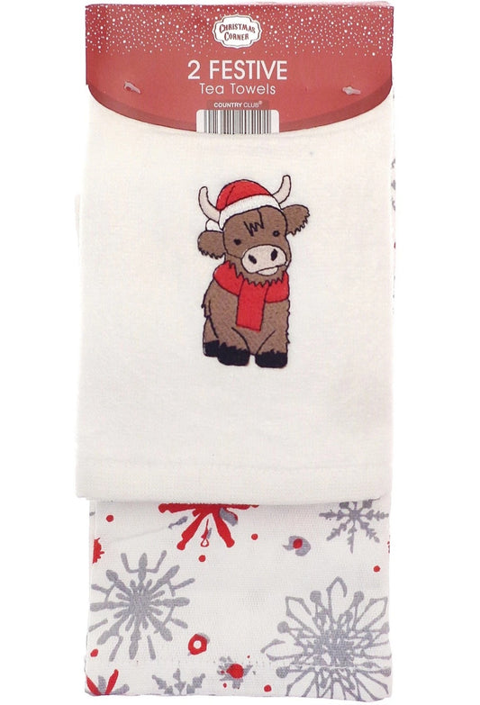 2 PK Embroidered Cotton Xmas Tea Towels