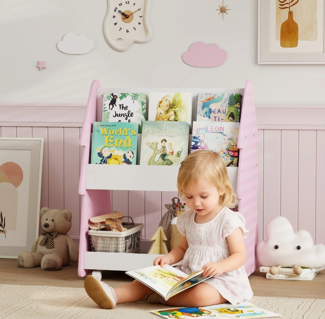 Double-Sided Kids Bookshelf and Toy Storage with Wheels