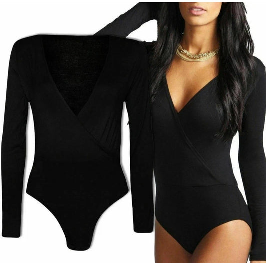 Womens Ladies Wrap Over V Neck Plunge Long Sleeve Bodysuit