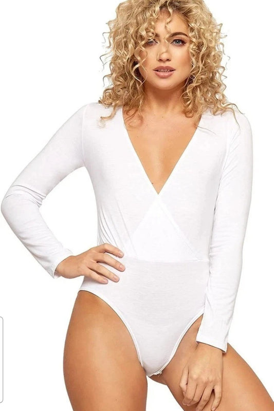 Womens Ladies Wrap Over V Neck Plunge Long Sleeve Bodysuit