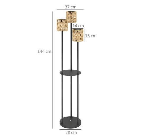 3-Light Solar Rattan Floor Lamp with Shelf