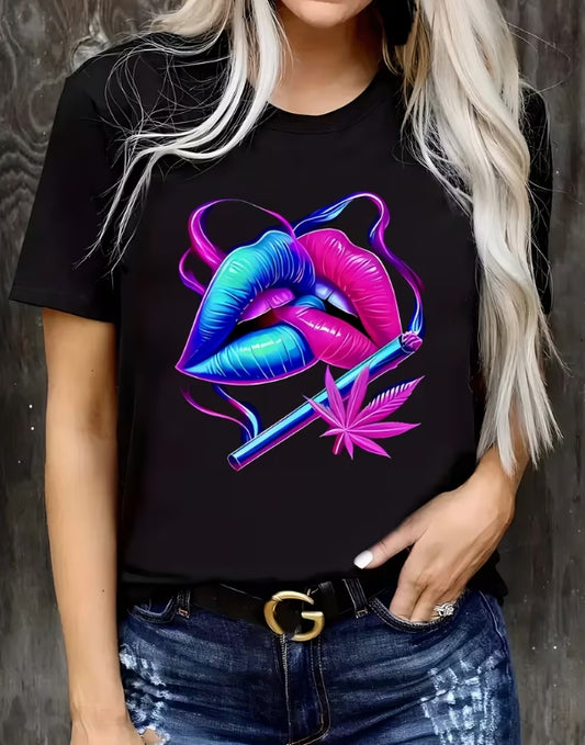 Neon Lips Marijuana Leaf Trendy Streetwear Printed Short-Sleeve T-Shirt