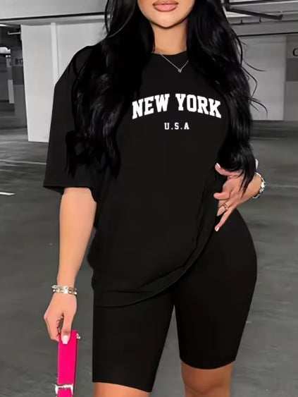 Summer Casual New York Usa Print Tshirt +Shorts Set